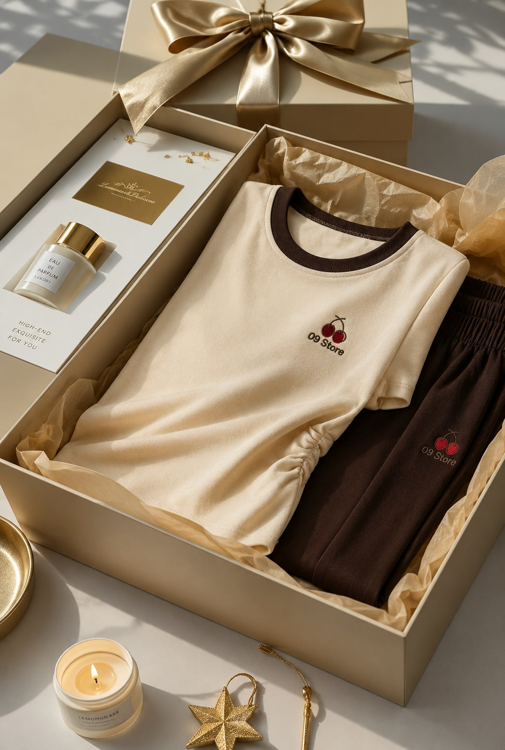 Cherry Pajama ( Creamy Patterned + Brown )