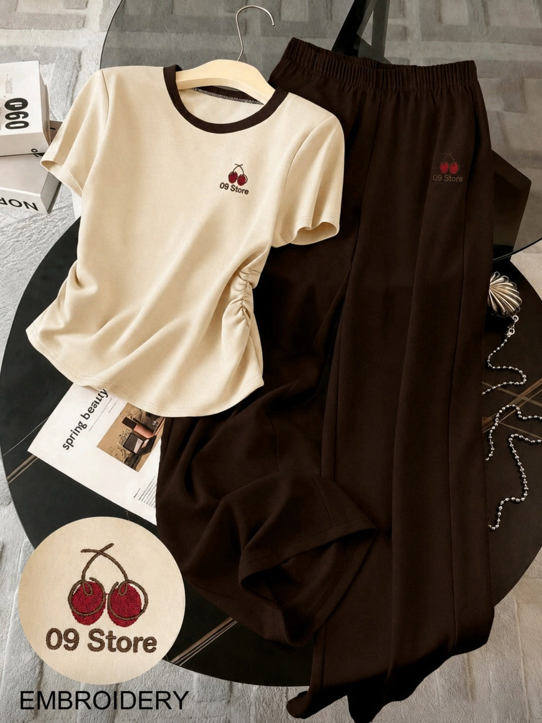 Cherry Pajama ( Creamy Patterned + Brown )