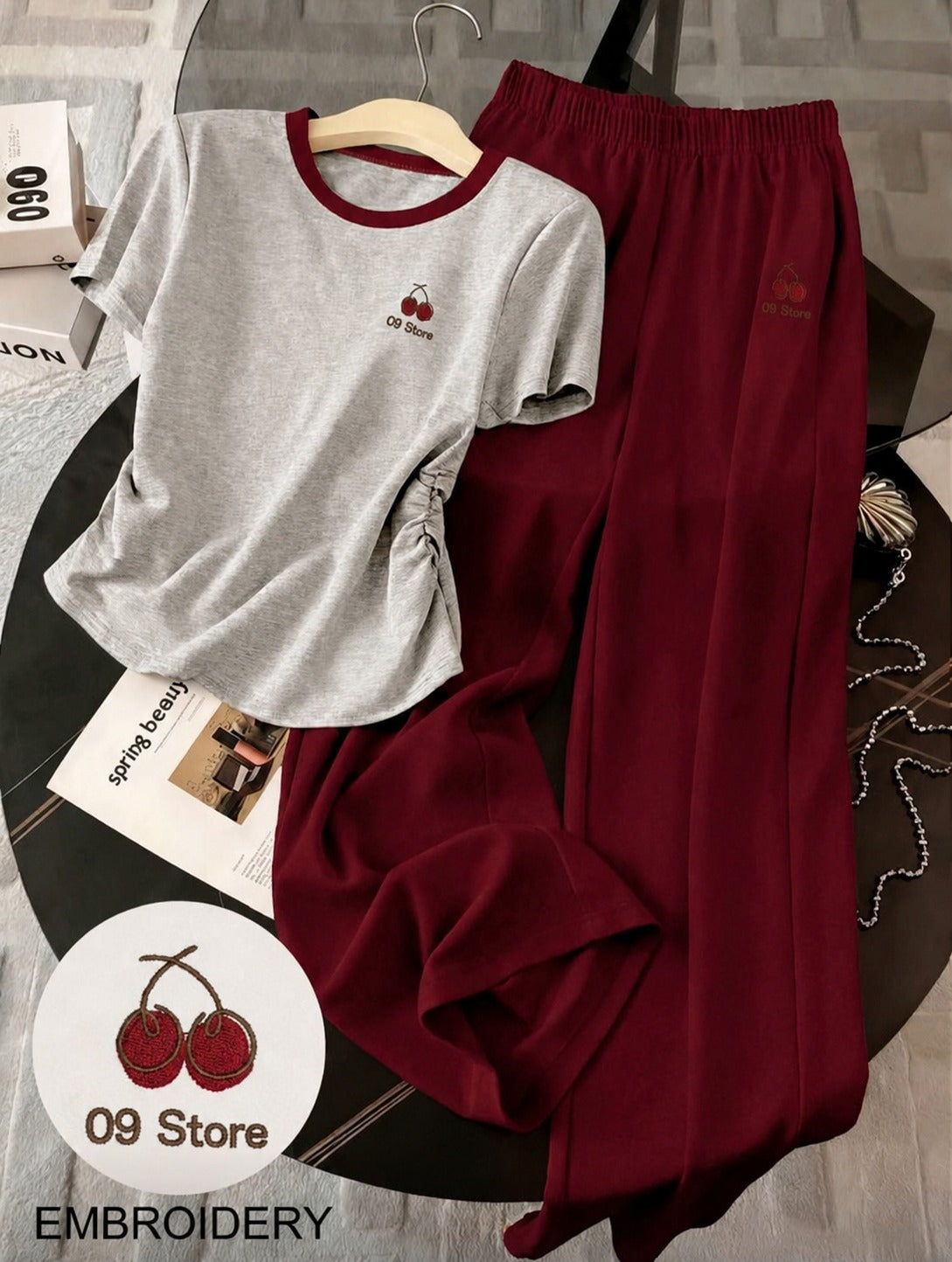 Cherry Pajama ( Light Gray + Burgundy )